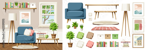 Living room interior design with an armchair, a table, a window, and a floor lamp. Furniture set. Interior constructor. Cartoon vector illustration