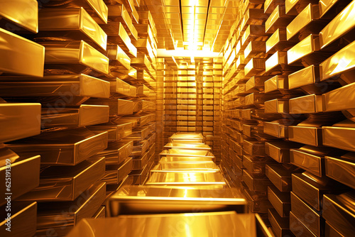 vault full of stacked gold bars or gold bricks