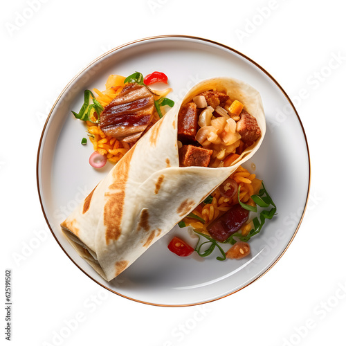 Burrito with sauce, beautiful on a serving plate, delicious and warm, transparent background