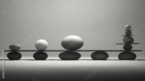 Composition from natural black and white stones. Balance or harmony concept. Decorative art. Pebbles. Generative AI. Illustration for banner, poster, cover, brochure or presentation.