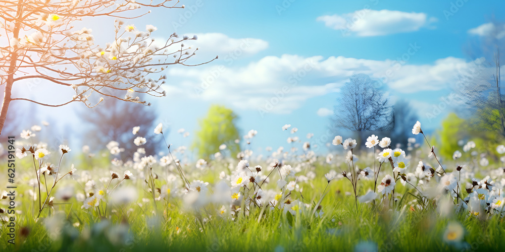Summer in the Village: Embracing Nature's Beauty  Green field meadow full of spring flowers with a clear blue sky digital art  