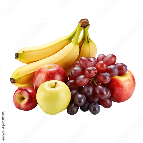 Various fruits isolated on a white background: red and green apples, bananas, grapes. AI Generation