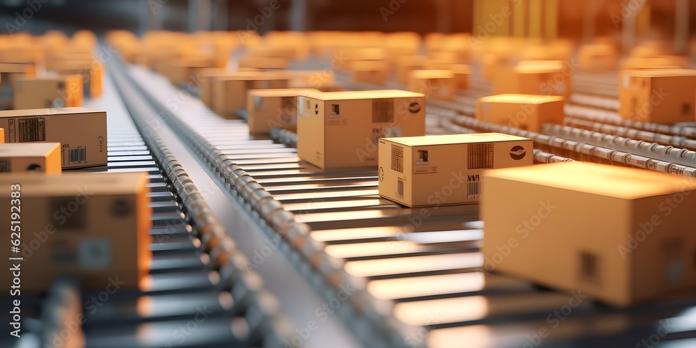 close up carton boxes on conveyor belt, warehouse for product storage and logistics