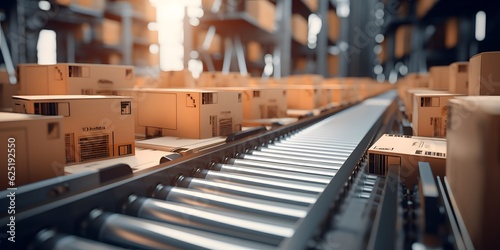 close up carton boxes on conveyor belt, warehouse for product storage and logistics