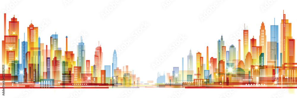 Colorful city skyline. Urban background with architecture, skyscrapers, megapolis, buildings, downtown.