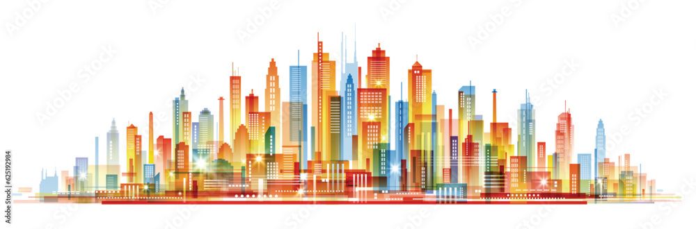 Colorful city skyline. Urban background with architecture, skyscrapers, megapolis, buildings, downtown.