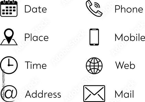 Business icons in the form of date, place, time, address, phone, mobile, web and mail