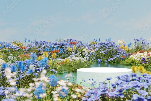 Abstact 3d render spring scene and Natural podium background, White stone podium on the colorful flowers field in the lake for product display, advertising, mockup, cosmetic or etc