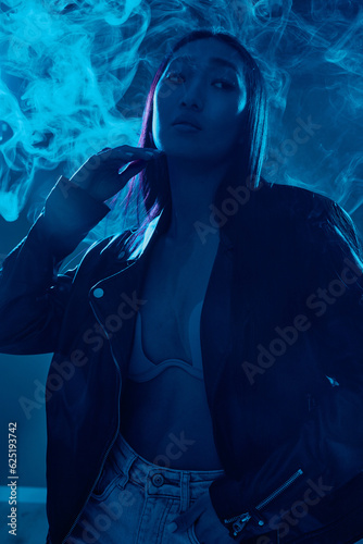 Neon woman trendy blue purple portrait beauty colourful face concept art attractive light