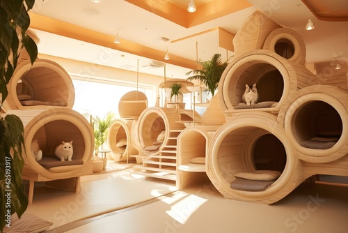 A photograph showing a luxurious cat hotel room equipped with various amenities for feline guests, illustrating the niche market for upscale pet care services.