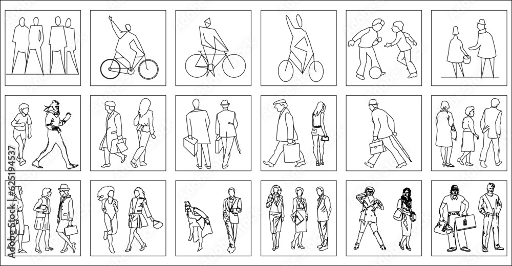 Sketch vector illustration collection of people character designs with various looks inside box frames