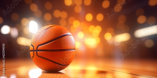 orange basketball ball with lighting bokeh in gym