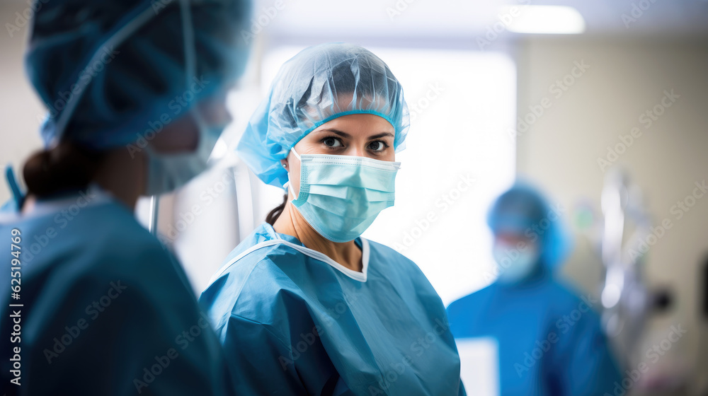woman surgeon wearing scrubs and mask, hospital operating room, female woman surgeon wearing scrubs and mask, hospital operating room, female