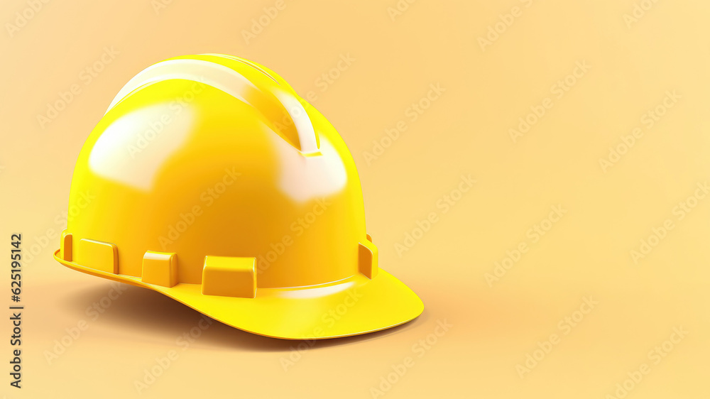 Fototapeta premium Safety hard hat isolated on yellow background. Concept of safety or labor day banner. AI Generated.