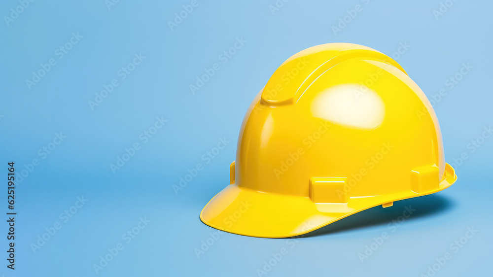 Fototapeta premium Yellow safety hard hat isolated on blue background. Concept of safety or labor day banner. AI Generated.