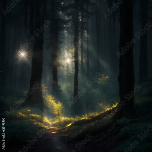 Small light among the trees in the forest