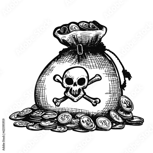 bag of coins with a pirate skull symbol sketch