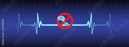 Creative no smoking sign concept with ekg ecg heart monitor design. Smoking causes heart disease warning sign on blue lcd background vector illustration. 