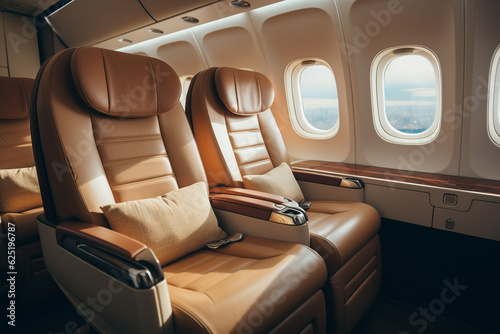 airplane seats, Interior of airplane, passenger seat. Generative AI.