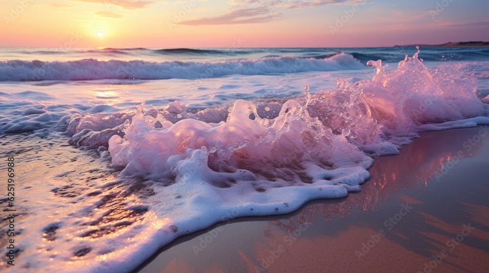 Violet sunrise ocean with violet sand. Generative AI
