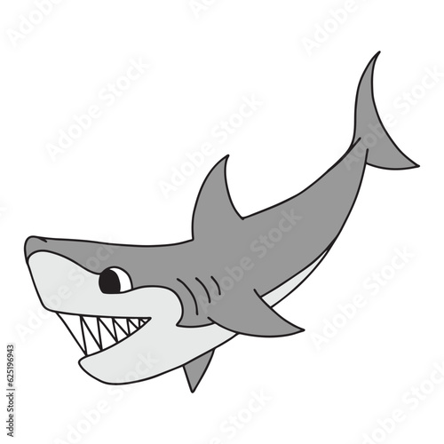 Evil toothy cartoon shark isolated on white background. Children vector illustration in doodle style