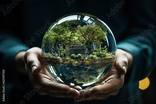 Glass ball with plants held in hands, concept of environmental protection and actions to prevent global warming. The life of the earth is in human hands, created with Generative AI