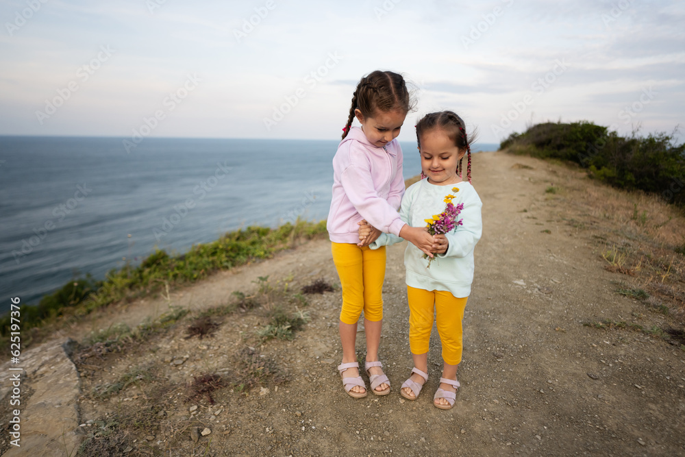 Two little sisters tanding on the edge of a cliff with wildflowers bouquet against sea. Two little sisters tanding on the edge of a cliff with wildflowers bouquet against sea.