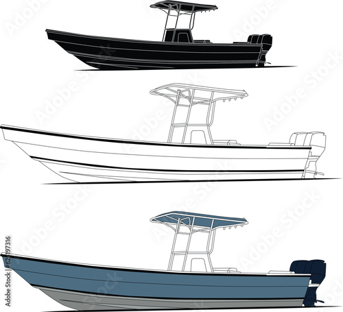 High quality line drawing vector fishing boat. Black, white and color illustration.