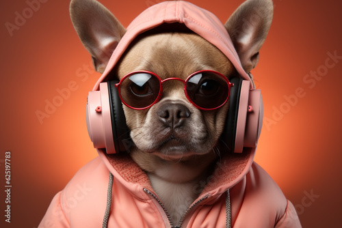 dog wearing sunglasses and headphones. Generative AI. © Fahad