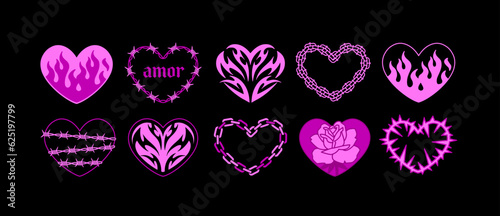 Y2k Gothic Punk Hearts tattoo art stickers set 4. Vector pink hearts with barbed wire, fire, amor, rose, chain. Neo tribal style heart tattoo. Aesthetic 2000s gothic girly print design