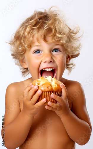 A little blond child full of joy is about to bit a tasty and sweet muffin - isolated on white background