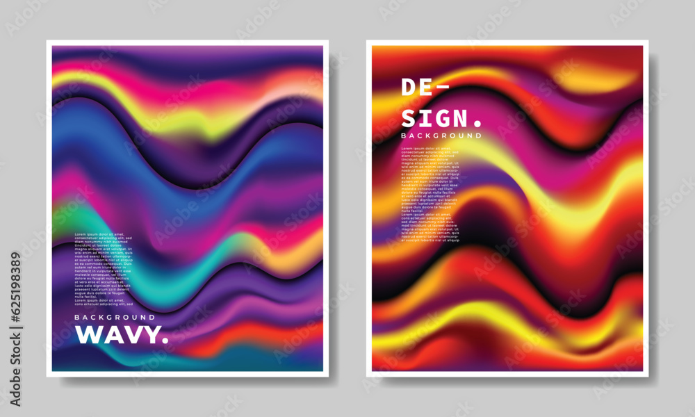 Abstract wavy gradient mesh background template copy space set. Colorful fluid and liquid backdrop design for poster, banner, magazine, cover, brochure, or flyer.