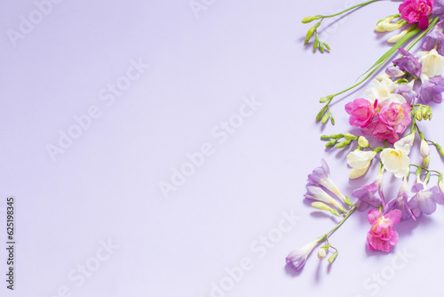 Fototapeta Naklejka Na Ścianę i Meble -  pink, white and purple flowers on light purple background