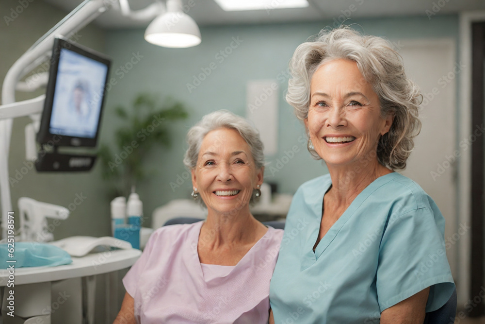 dentist and patient in dental office sitting smiling dentist and patient in dental office sitting smiling
