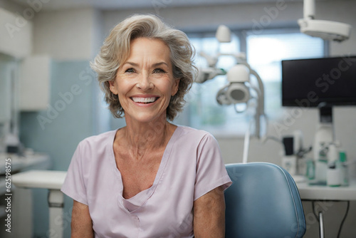 american girl in dental office smiling photo
