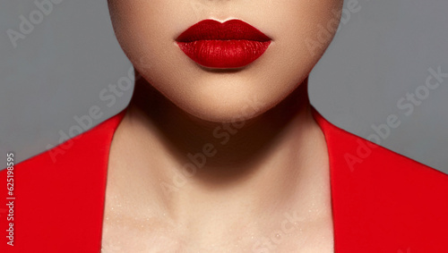 Photographie Close-up portrait of a beautiful caucasian hot woman with sexy red full lips and makeup
