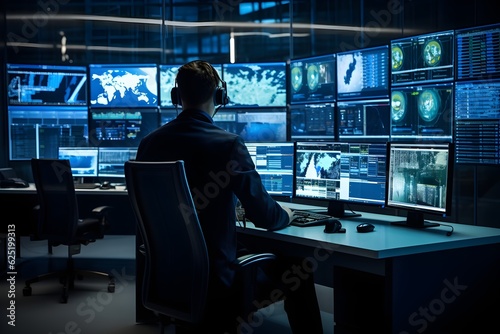 A photograph capturing a security personnel monitoring multiple screens in a data center, emphasizing the need for constant surveillance in secure business operations.