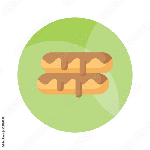 A small, soft, log shaped pastry filled with chocolate, modern flat eclair icon