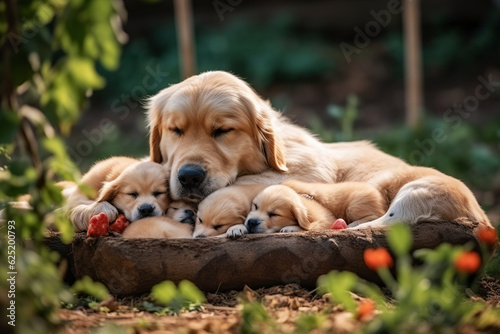 Wallpaper Mural Golden retriever dog sleeping with puppies in the garden. Generative AI. Torontodigital.ca