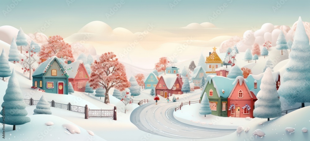 Charming snow-covered houses in pastel Christmas village. Winter