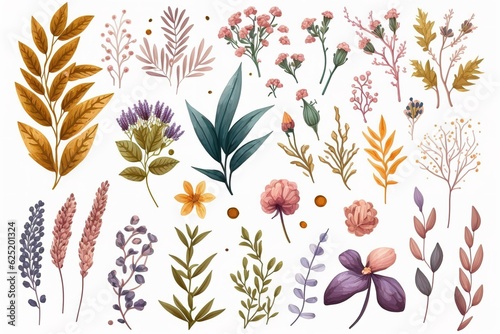 set of separate parts of flowers in watercolors photo