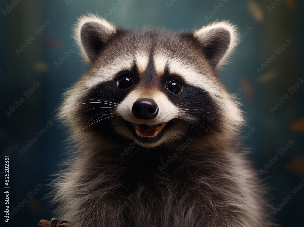 Funny Raccoon Portrait, A Beautiful and Cute Young Mammal in its Natural Habitat, Generative AI