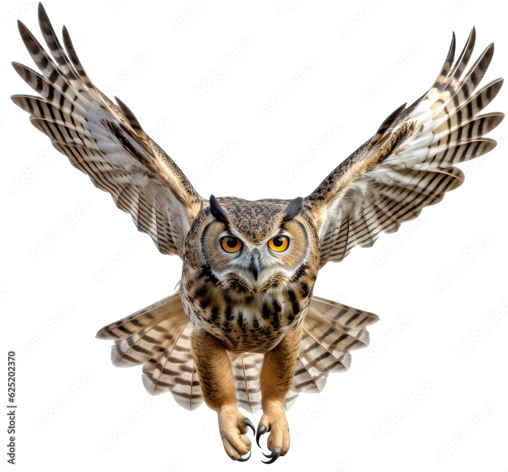 Flying eagle owl isolated on white background as transparent PNG, generative AI animal Flying eagle owl isolated on white background as transparent PNG, generative AI animal