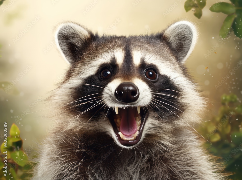 Fototapeta premium Funny Raccoon Portrait, A Beautiful and Cute Young Mammal in its Natural Habitat, Generative AI