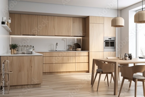 Mockup of a modern  minimalist kitchen interior complete with wooden furnishings and a parquet floor. Generative AI