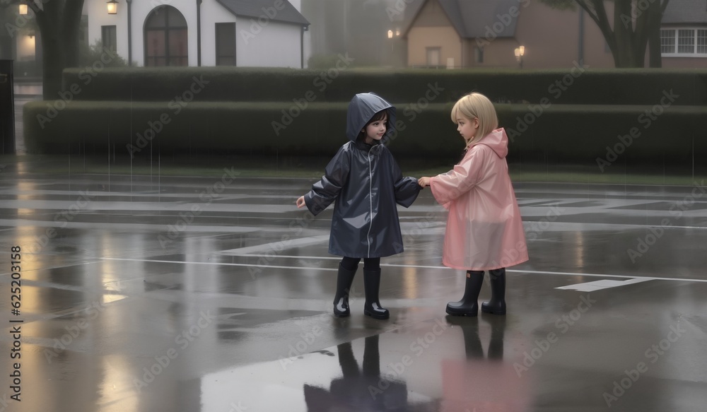 Children walk in the rain through the puddles in rubber boots. Generative AI