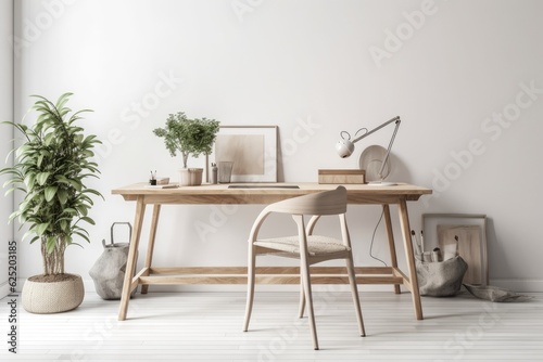Mockup of a Nordic Wooden Work Desk with a Small Chair and Vacant Walls. Alongside the desk  there are ornamental items  white wooden floors  and a dry indoor plant. Generative AI