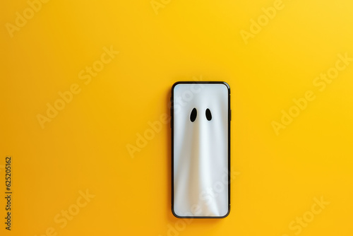 Creative minimal concept banner for mobile vpn app. Ghost and smartphone isolated on bright orange background. Ghost is a symbol of anonymity, reliable vpn service for your phone. 