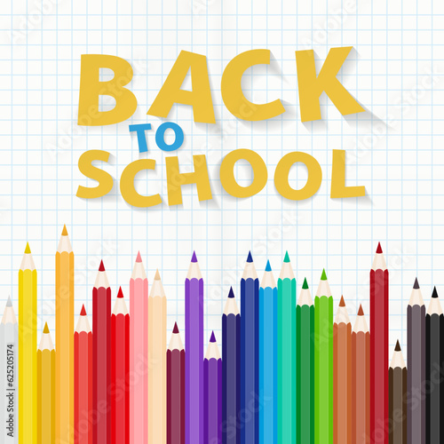 Back to School square illustration concept, colorful wooden pencils on square lined paper.