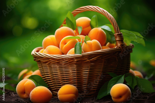 Wicker basket full of apricots on green leaves background